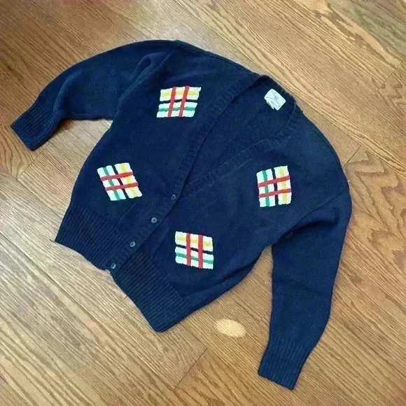 Vintage 90s Patchwork Cardigan Sweater 1992 Preppy Retro Size Large Embroidered - Picture 3 of 10